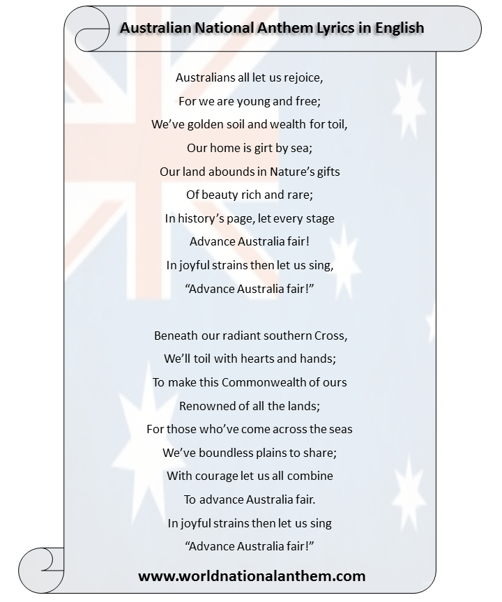 Valnød forsætlig miste dig selv Australian National Anthem Lyrics in English